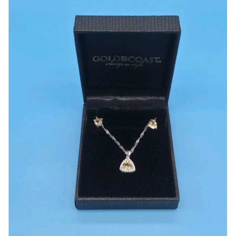 Gold Coast Yellow Halo Pendant Necklace & Earrings Jewelry Set with Box